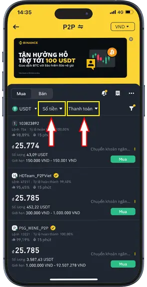 Bước 2: Lọc người bán bằng cách nhập tương đối số lượng tiền VND cần chuyển qua USDT, sau đó tiếp tục chọn cách thức thanh toán, ví dụ chuyển khoản.